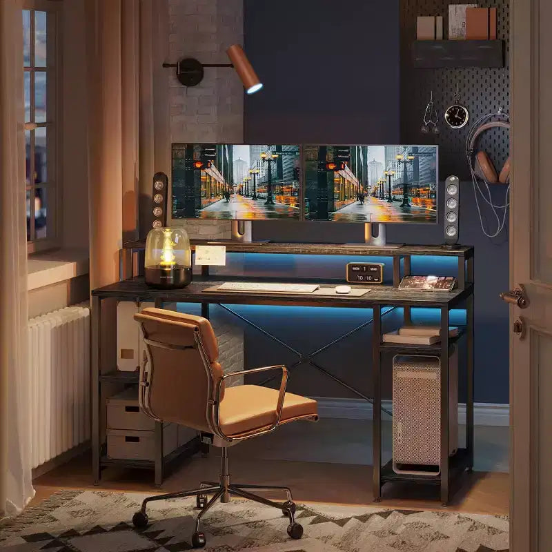 Scrivania da 55" con libreria reversibile, carbone / grigio sbiadito / rovere chiaro / marrone rustico, 1 persona