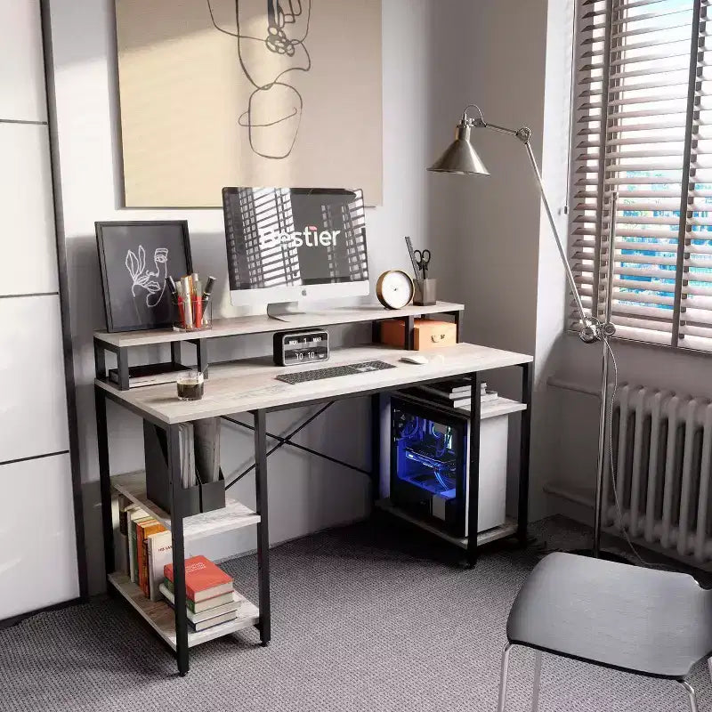 Scrivania da 55" con libreria reversibile, carbone / grigio sbiadito / rovere chiaro / marrone rustico, 1 persona