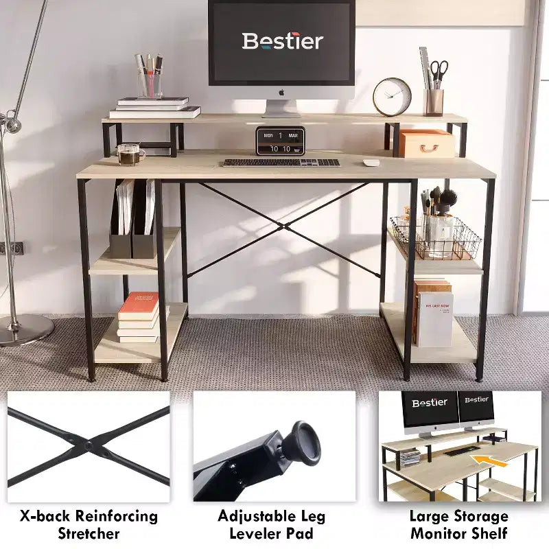 Scrivania da 55" con libreria reversibile, carbone / grigio sbiadito / rovere chiaro / marrone rustico, 1 persona