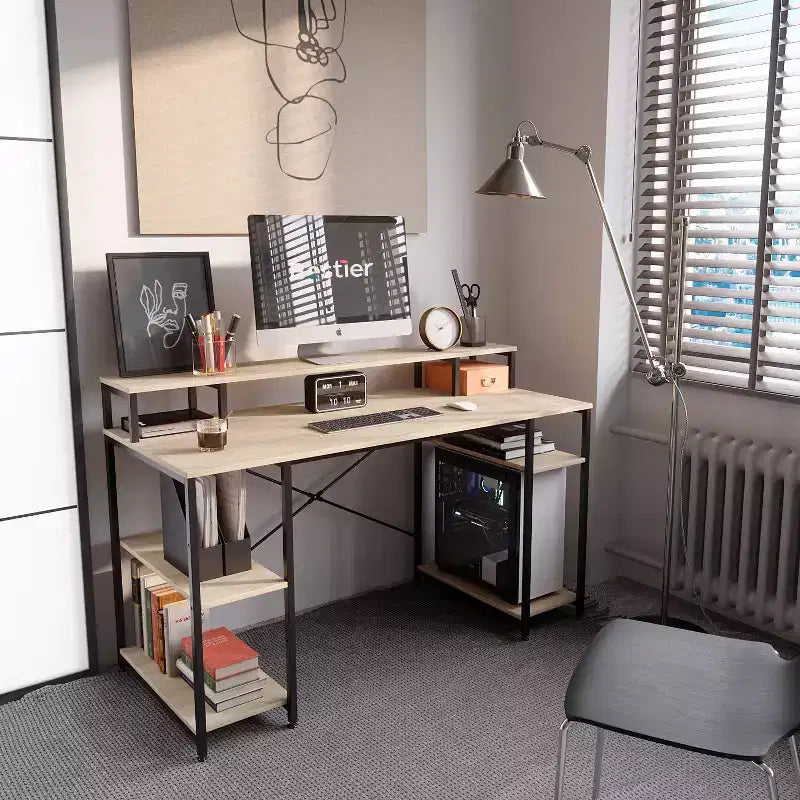 Scrivania da 55" con libreria reversibile, carbone / grigio sbiadito / rovere chiaro / marrone rustico, 1 persona