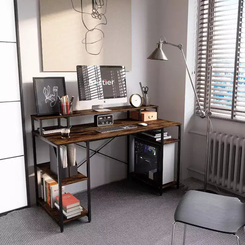 Scrivania da 55" con libreria reversibile, carbone / grigio sbiadito / rovere chiaro / marrone rustico, 1 persona