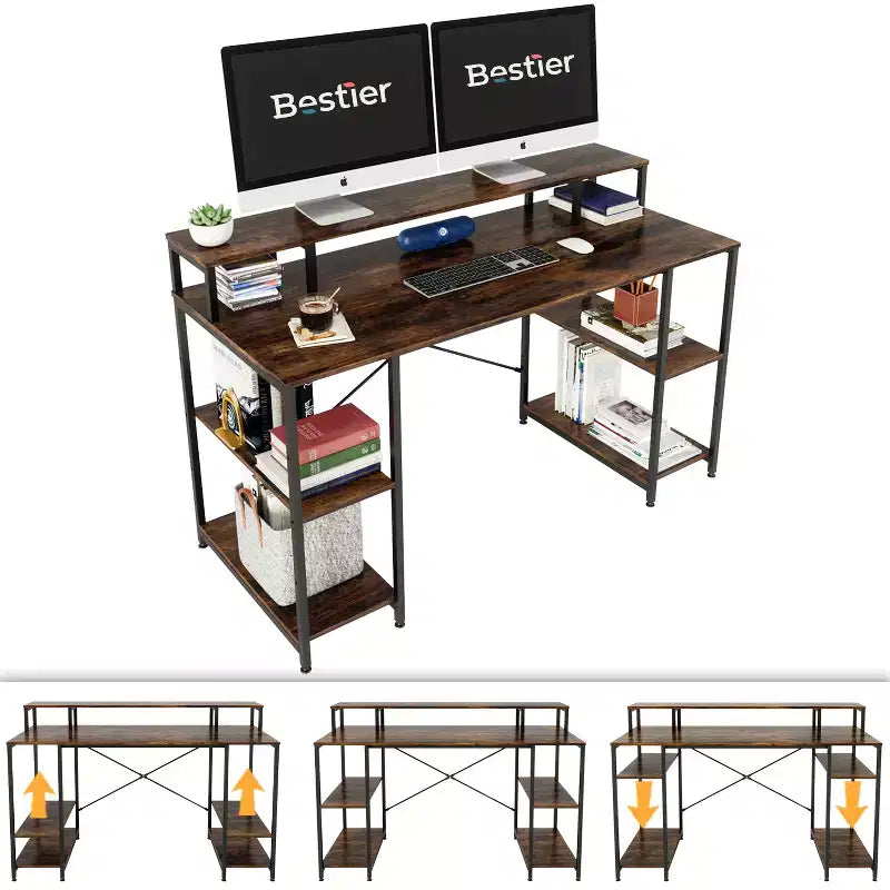 Scrivania da 55" con libreria reversibile, carbone / grigio sbiadito / rovere chiaro / marrone rustico, 1 persona