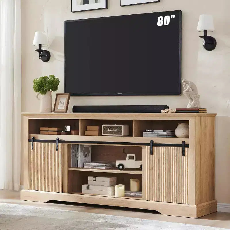 Mobile TV bianco da 178 cm con ante scorrevoli e ripiani regolabili, adatto per TV fino a 203 cm, montaggio da 1 persona