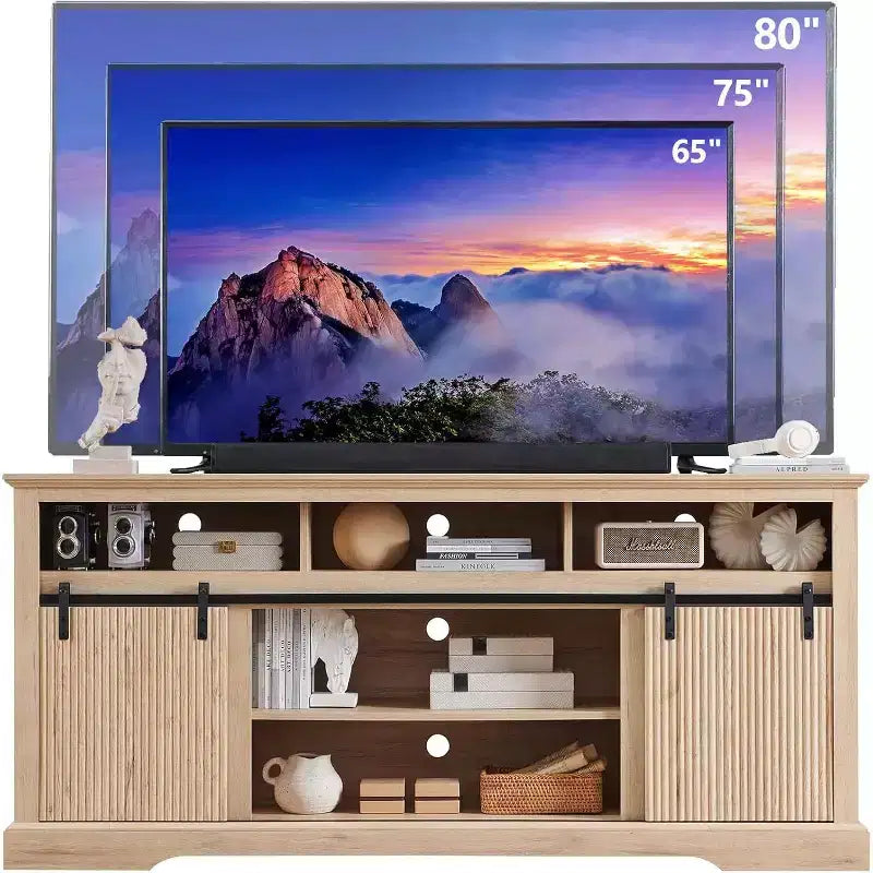 Mobile TV bianco da 178 cm con ante scorrevoli e ripiani regolabili, adatto per TV fino a 203 cm, montaggio da 1 persona
