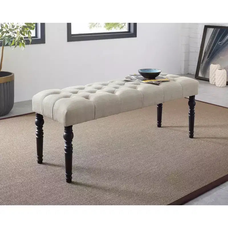 Roundhill Furniture Leviton Fabric Tufted Turned Leg Dining Bench, Beige