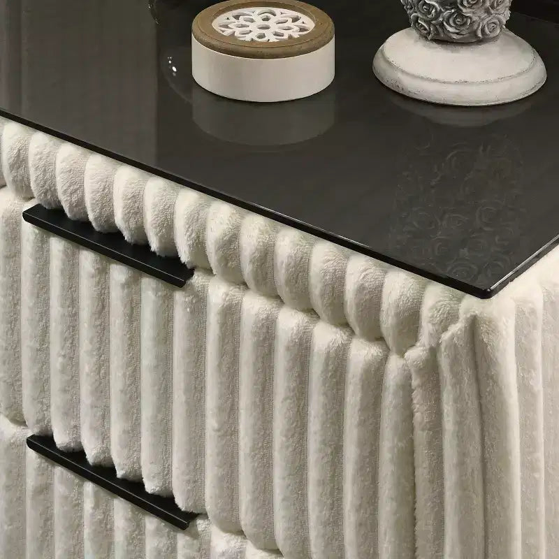 Comodino in Velluto a Coste Blu/Crema con 2 Cassetti, per 1