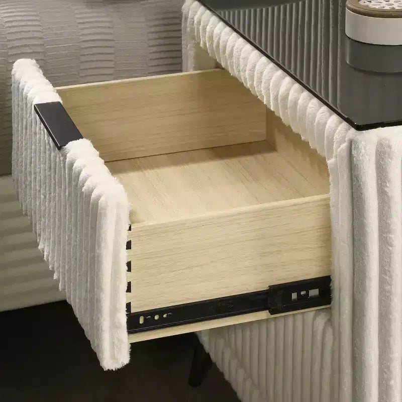 Comodino in Velluto a Coste Blu/Crema con 2 Cassetti, per 1
