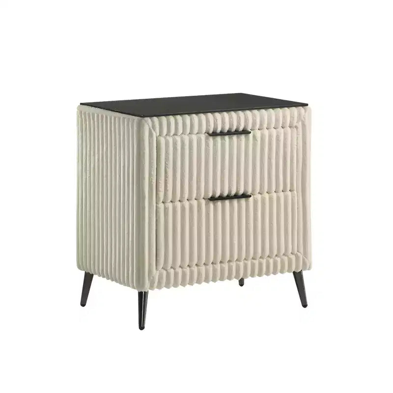 Comodino in Velluto a Coste Blu/Crema con 2 Cassetti, per 1
