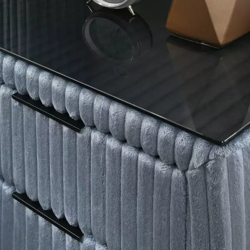 Comodino in Velluto a Coste Blu/Crema con 2 Cassetti, per 1