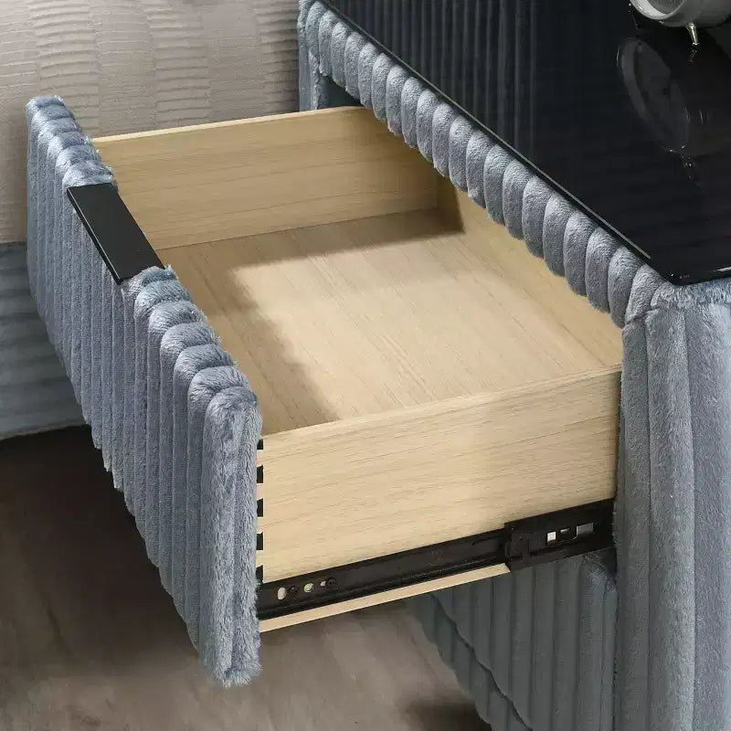 Comodino in Velluto a Coste Blu/Crema con 2 Cassetti, per 1