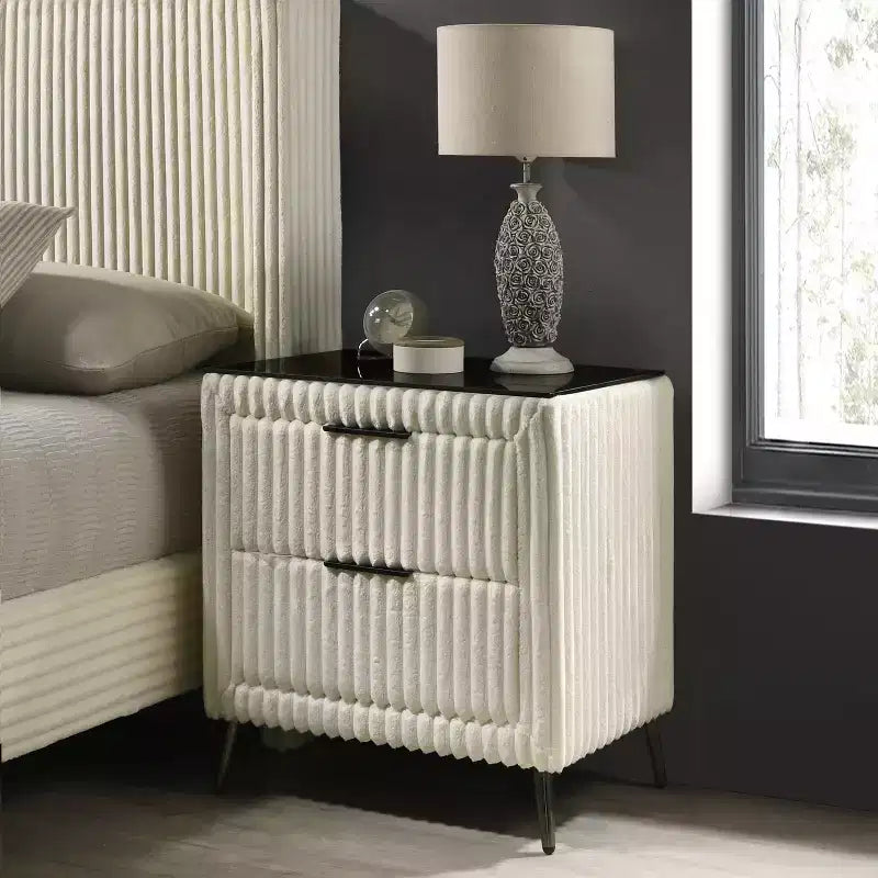 Comodino in Velluto a Coste Blu/Crema con 2 Cassetti, per 1