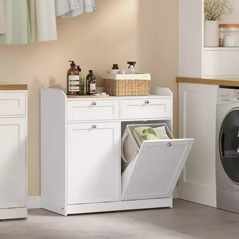 VASAGLE Laundry Cabinet, with 2 Drawers and 2 Hidden Laundry Hampers, Freestanding, Tilt-Out Laundry Baskets with Handles, Cloud White