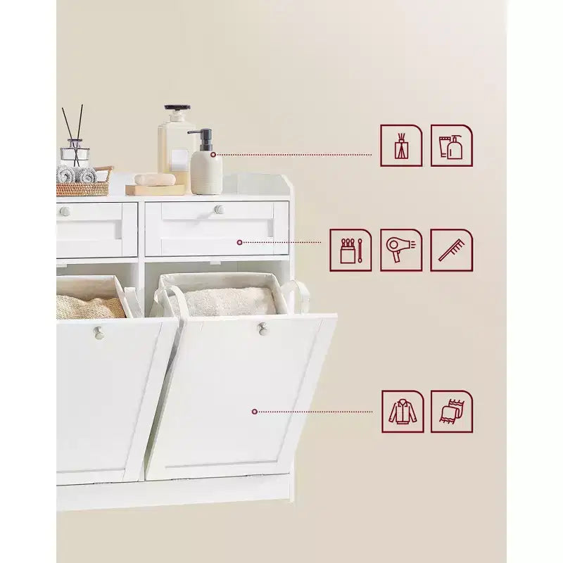 Mobile da lavanderia da terra Cloud White con 2 cassetti e 2 cesti portabiancheria a ribalta