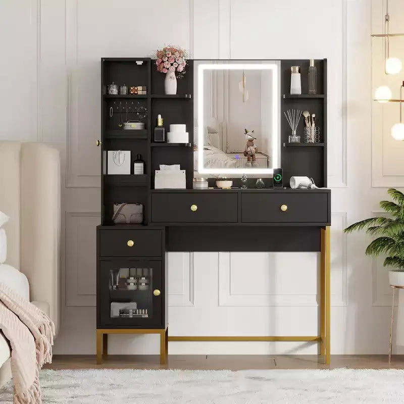 GustoWave Makeup Vanity with Lighted Mirror 3 Color Lights Charging Station Visible Cabinet Black Dressing Table Bedroom