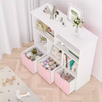 Toy Storage Organizer  Kids Bookshelf with 3 Movable Drawers, Toddler Bookcase Cabinet for Bedroom, Playroom, Nursery (Pink White), Easy Assembly