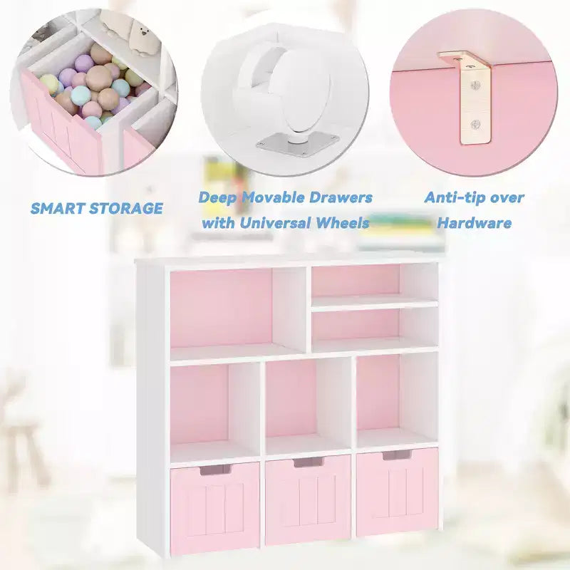 Libreria per bambini rosa e bianca con 3 cassetti mobili – Per 1 bambino