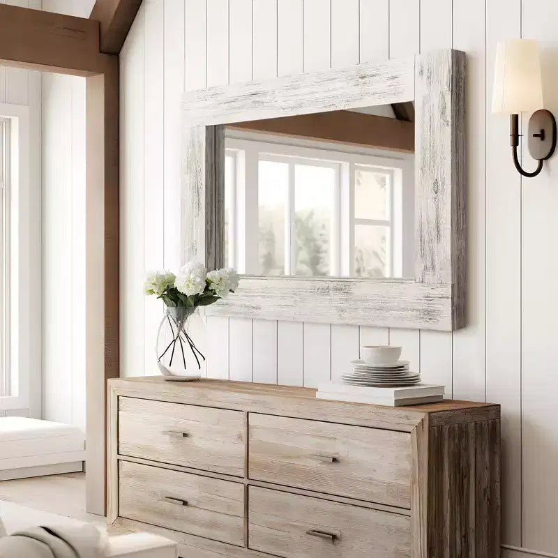 Specchio da parete con cornice in legno massiccio marrone/carbone/bianco invecchiato, 24" x 36"