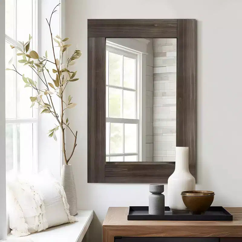 Pexfix Farmhouse Bathroom Mirror with Solid Wood Frame Rustic Wall Mounted for Bedroom Living Room Entryway Wall Decor