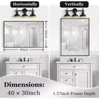 Specchio da parete rettangolare nero, cornice in alluminio, montaggio verticale o orizzontale, 40" x 30"