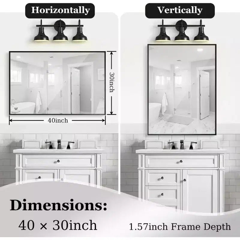 Specchio da parete rettangolare nero, cornice in alluminio, montaggio verticale o orizzontale, 40" x 30"