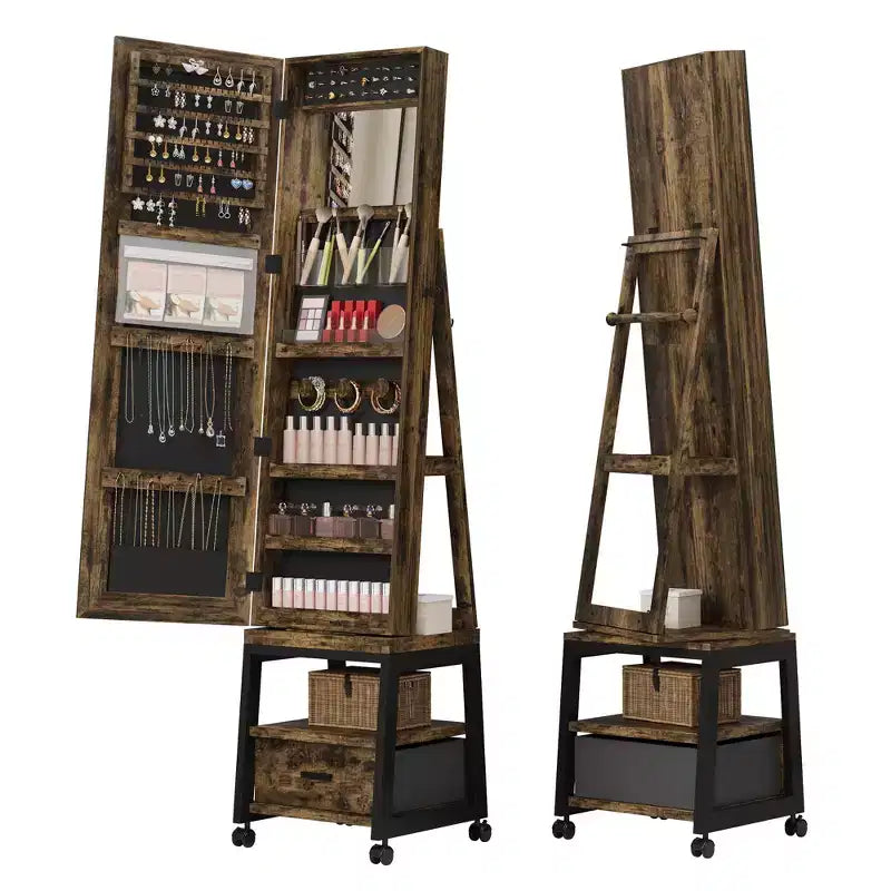 66 Full Length Mirror Jewelry Cabinet, Lockable Standing Armoire Organizer with Storage Drawer, Back Shelf, 360 Swivel Base & Wheels