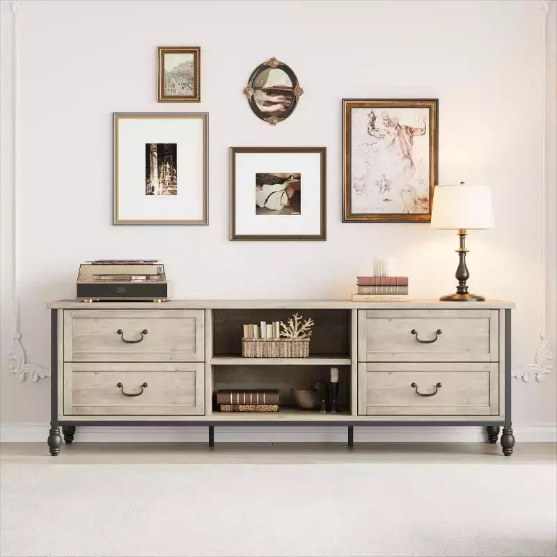 Mobile Porta TV Mid-Century Grigio Rustico con 4 Cassetti, Adatto per TV fino a 70", per Soggiorno da 1-2 Persone