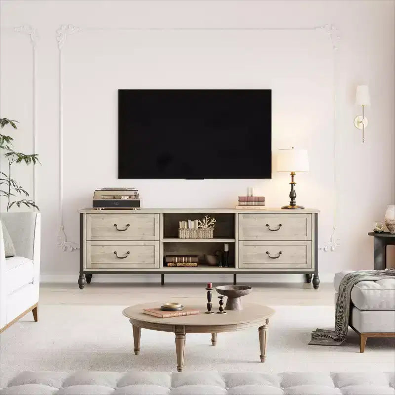 Mobile Porta TV Mid-Century Grigio Rustico con 4 Cassetti, Adatto per TV fino a 70", per Soggiorno da 1-2 Persone