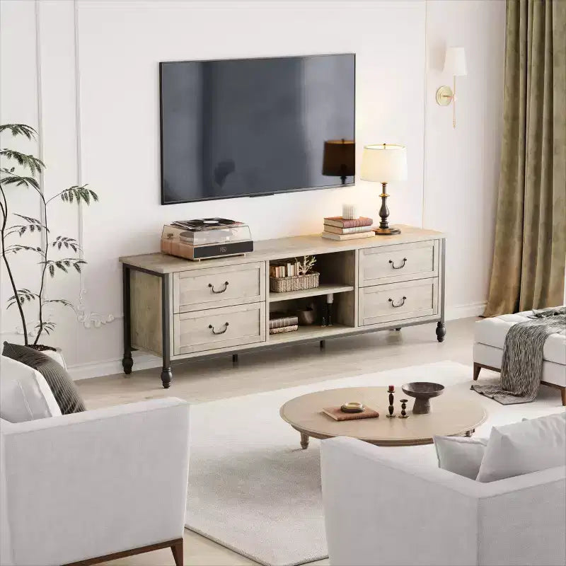 Mobile Porta TV Mid-Century Grigio Rustico con 4 Cassetti, Adatto per TV fino a 70", per Soggiorno da 1-2 Persone