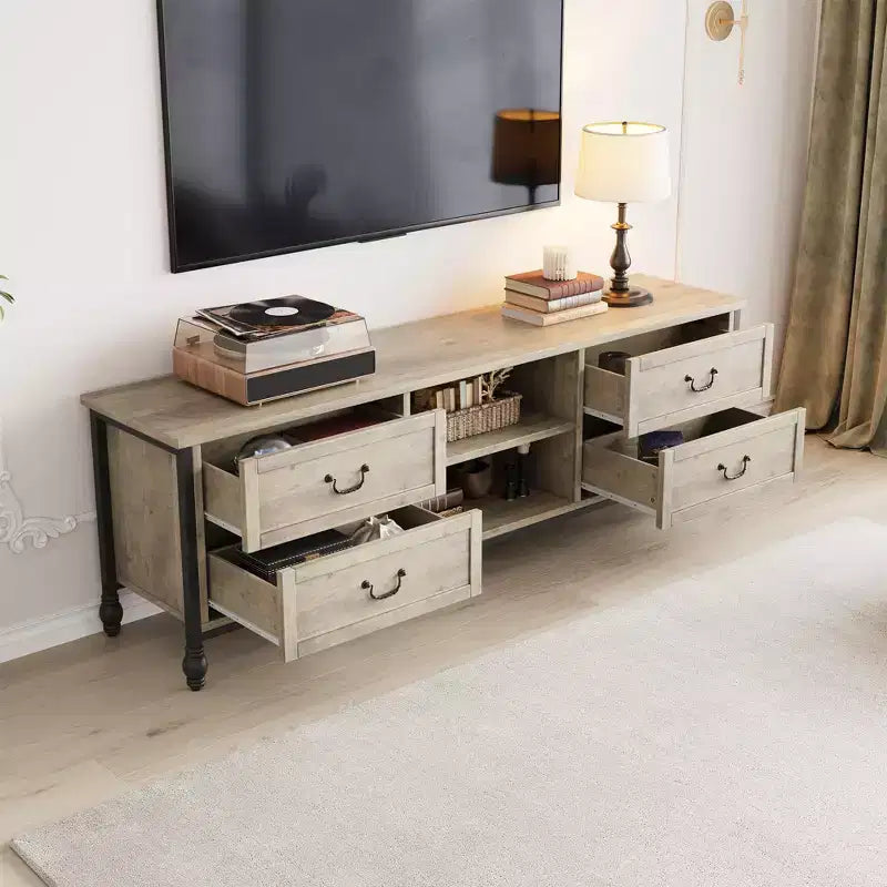 Mobile Porta TV Mid-Century Grigio Rustico con 4 Cassetti, Adatto per TV fino a 70", per Soggiorno da 1-2 Persone