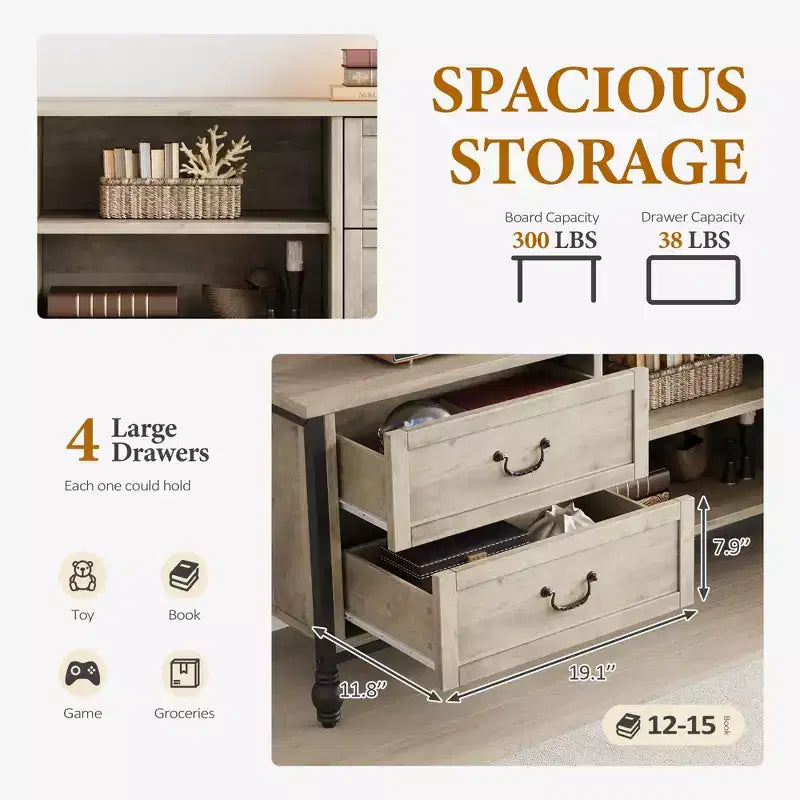 Mobile Porta TV Mid-Century Grigio Rustico con 4 Cassetti, Adatto per TV fino a 70", per Soggiorno da 1-2 Persone