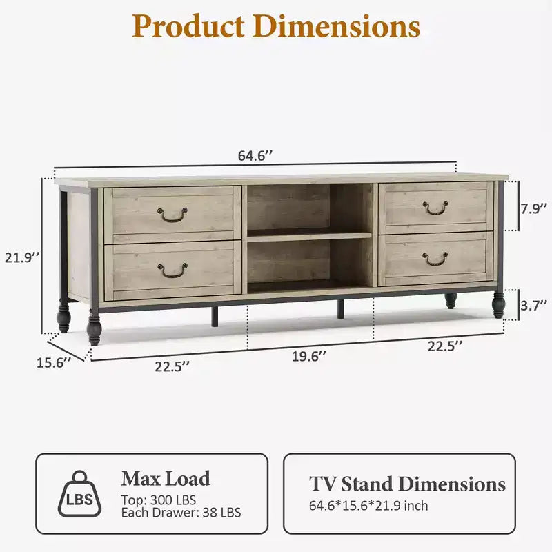 Mobile Porta TV Mid-Century Grigio Rustico con 4 Cassetti, Adatto per TV fino a 70", per Soggiorno da 1-2 Persone