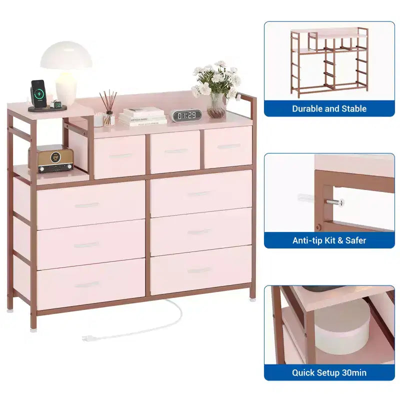 Comò/Mobile TV a 9 cassetti in pelle rosa/bianca – Montaggio per 1 persona