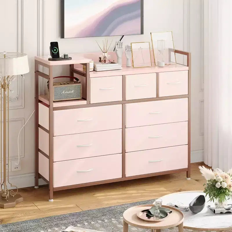 Comò/Mobile TV a 9 cassetti in pelle rosa/bianca – Montaggio per 1 persona