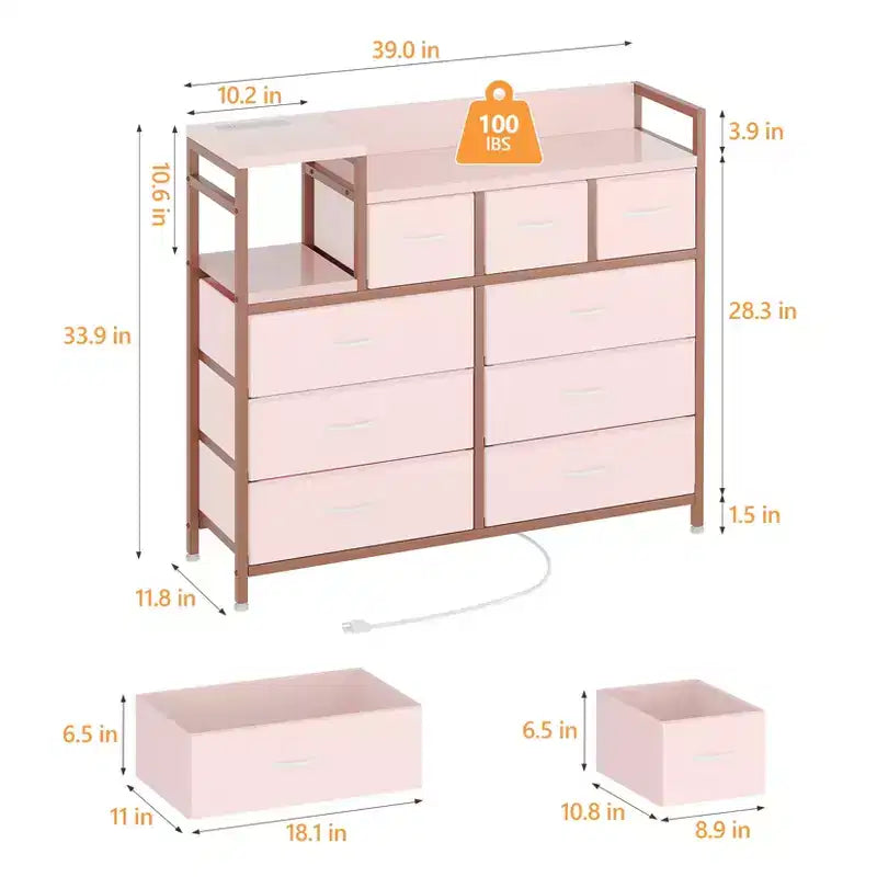 Comò/Mobile TV a 9 cassetti in pelle rosa/bianca – Montaggio per 1 persona