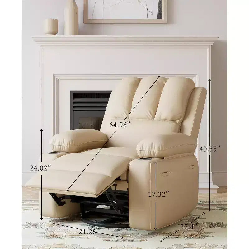 Poltrona reclinabile manuale in similpelle PU beige/marrone/grigia/kaki/retrò, con portabicchieri e tasche laterali, monoposto