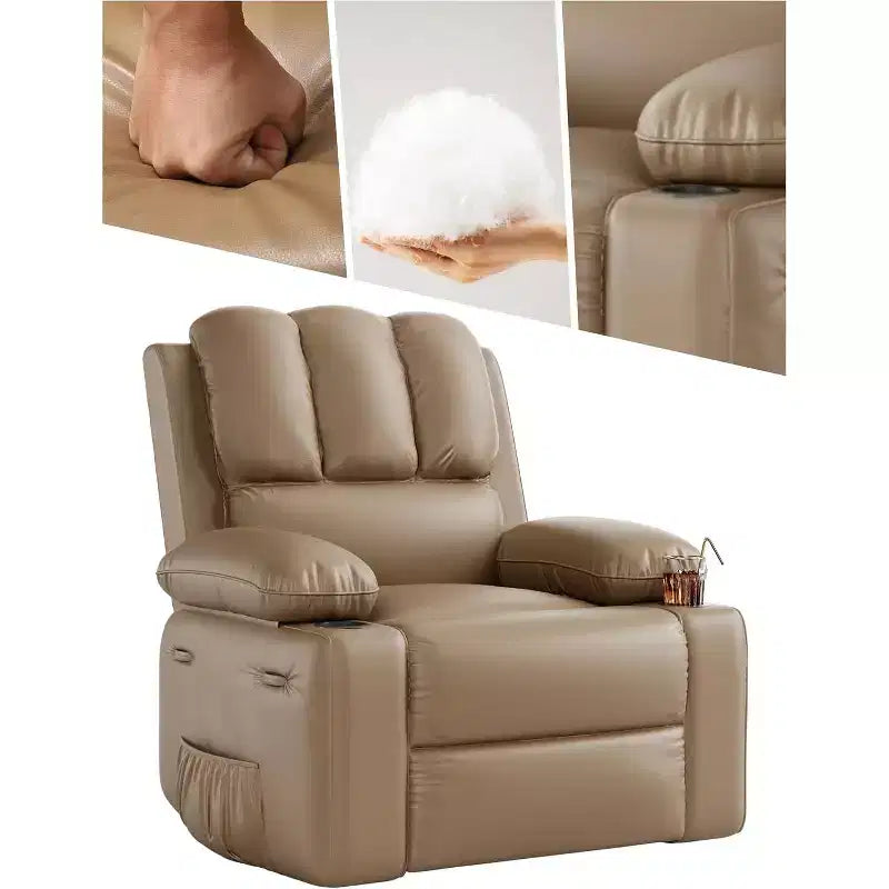 Poltrona reclinabile manuale in similpelle PU beige/marrone/grigia/kaki/retrò, con portabicchieri e tasche laterali, monoposto