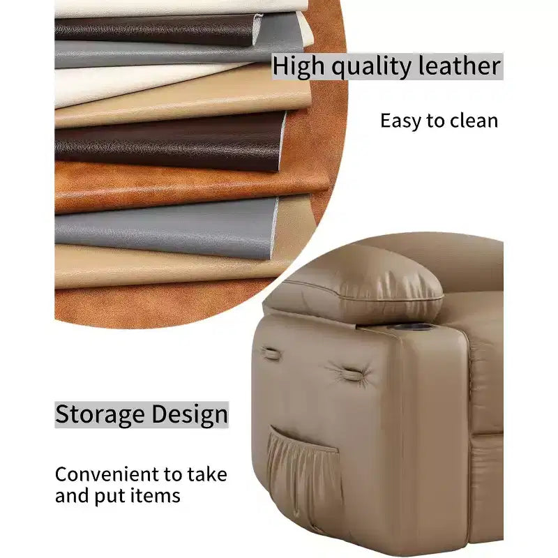Poltrona reclinabile manuale in similpelle PU beige/marrone/grigia/kaki/retrò, con portabicchieri e tasche laterali, monoposto