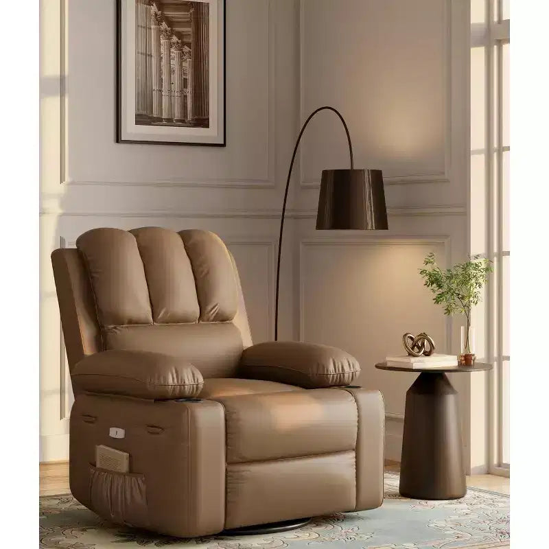 Poltrona reclinabile manuale in similpelle PU beige/marrone/grigia/kaki/retrò, con portabicchieri e tasche laterali, monoposto