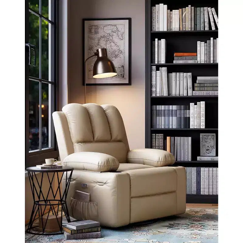 Poltrona reclinabile manuale in similpelle PU beige/marrone/grigia/kaki/retrò, con portabicchieri e tasche laterali, monoposto