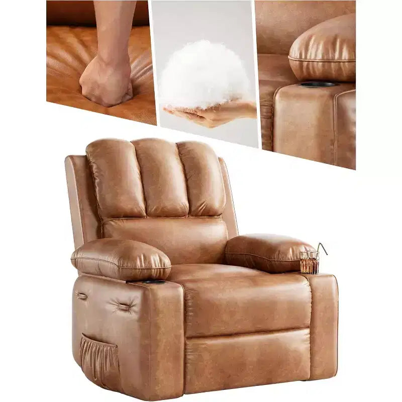 Poltrona reclinabile manuale in similpelle PU beige/marrone/grigia/kaki/retrò, con portabicchieri e tasche laterali, monoposto