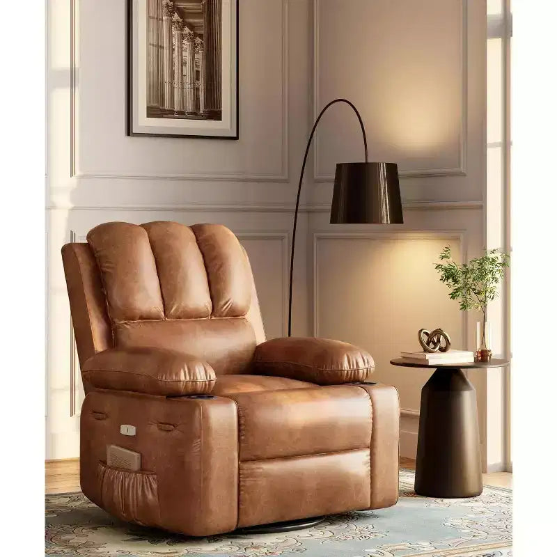Poltrona reclinabile manuale in similpelle PU beige/marrone/grigia/kaki/retrò, con portabicchieri e tasche laterali, monoposto