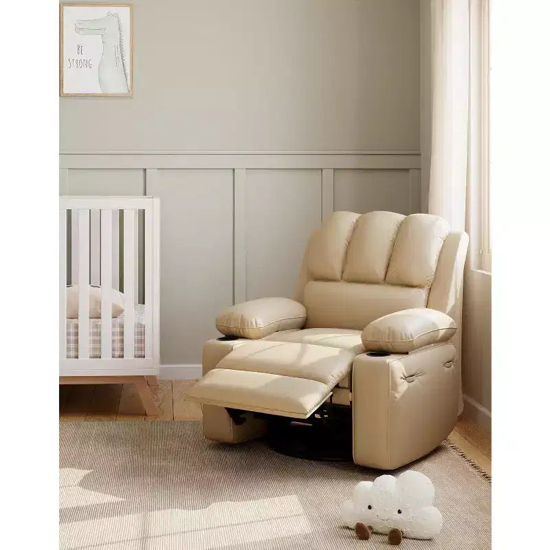 Poltrona reclinabile manuale in similpelle PU beige/marrone/grigia/kaki/retrò, con portabicchieri e tasche laterali, monoposto