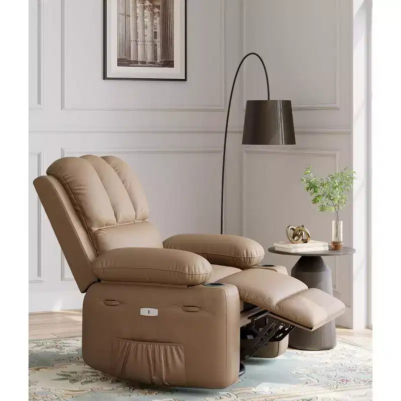 Poltrona reclinabile manuale in similpelle PU beige/marrone/grigia/kaki/retrò, con portabicchieri e tasche laterali, monoposto