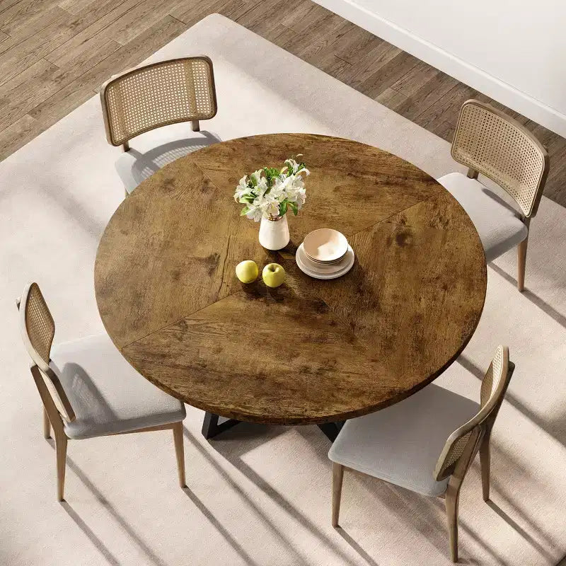 Tavolo da pranzo rotondo grigio per 4 persone, piano in MDF da 119 cm con base a croce in metallo nero