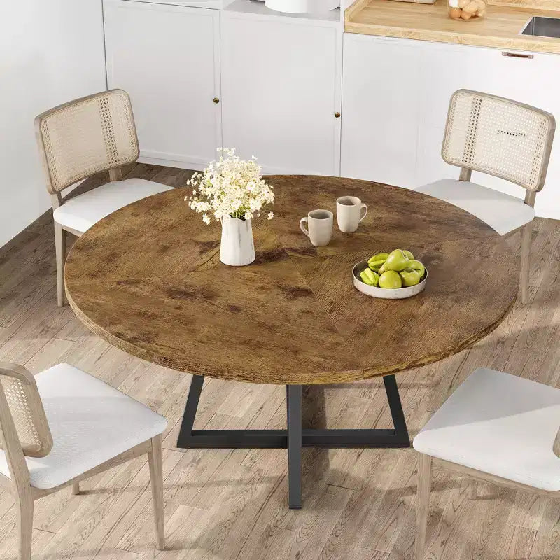 Tavolo da pranzo rotondo grigio per 4 persone, piano in MDF da 119 cm con base a croce in metallo nero