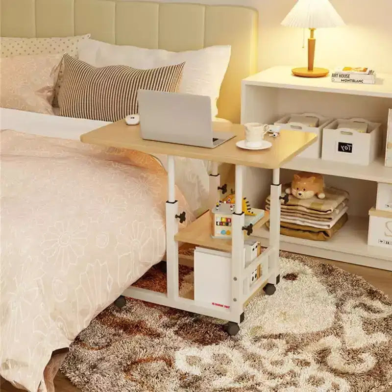 Tavolino da letto in legno marrone regolabile in altezza con ruote e cassetto, per 1 persona