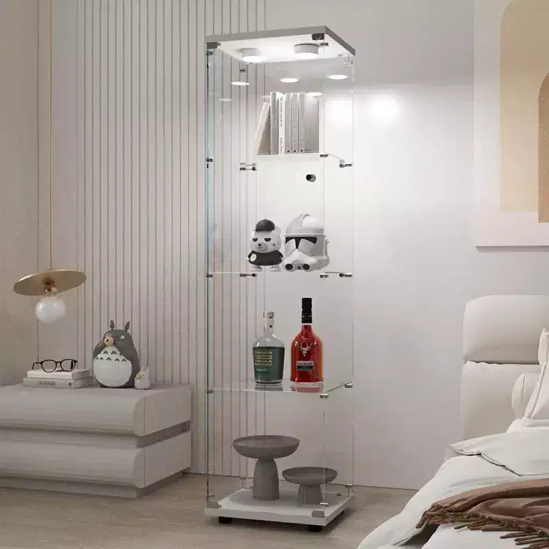MAYEERTY Tempered Glass Display Cabinet Wine Storage File Cabinet Battery powered Paipai Light Adjustable Floor Feet Living Room Bedroom Office White