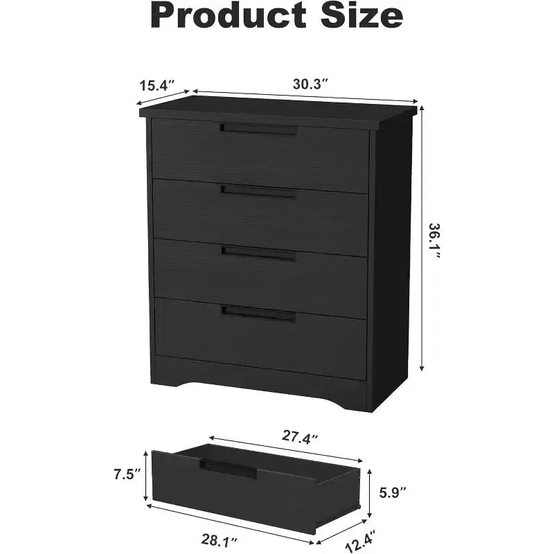 Cassettiera Nera a 4 Cassetti con Maniglie Integrate, Mobile Contenitore in Legno MDF