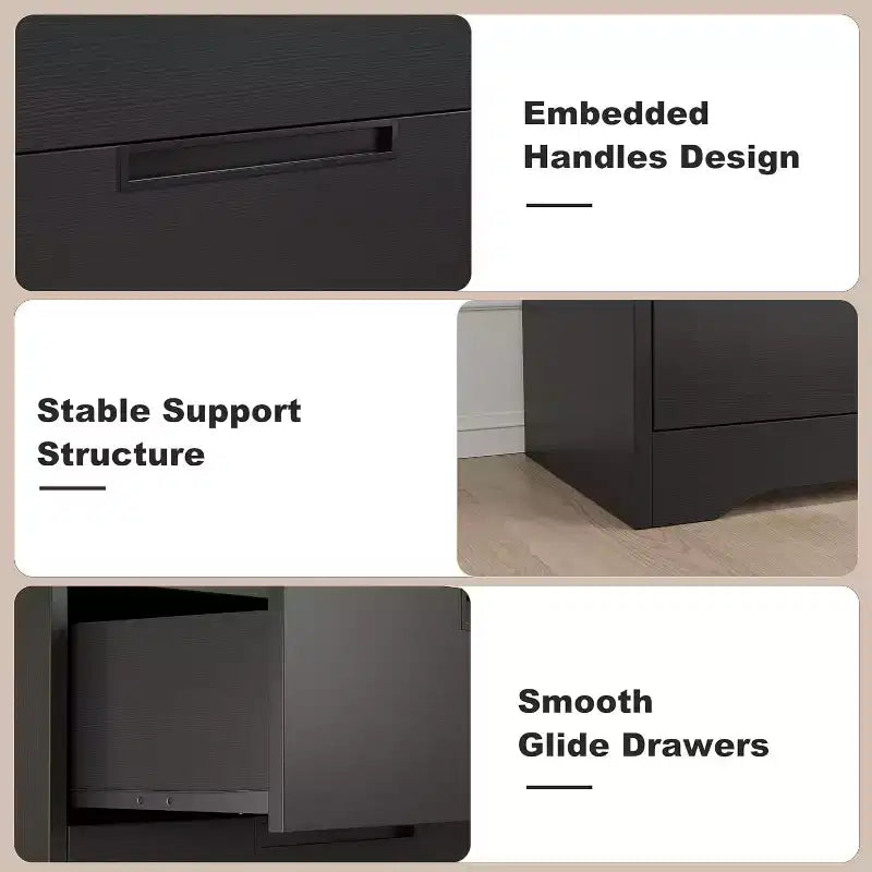 Cassettiera Nera a 4 Cassetti con Maniglie Integrate, Mobile Contenitore in Legno MDF