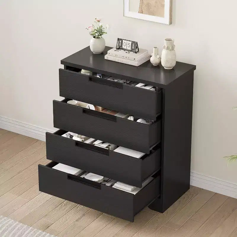 Cassettiera Nera a 4 Cassetti con Maniglie Integrate, Mobile Contenitore in Legno MDF